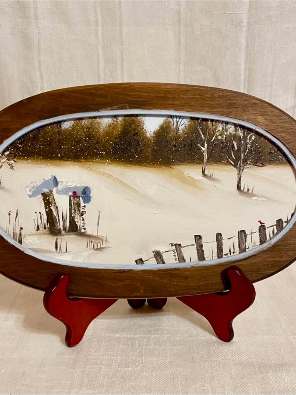 Snowy Painting 9 inches x 16 inches On Oval Board